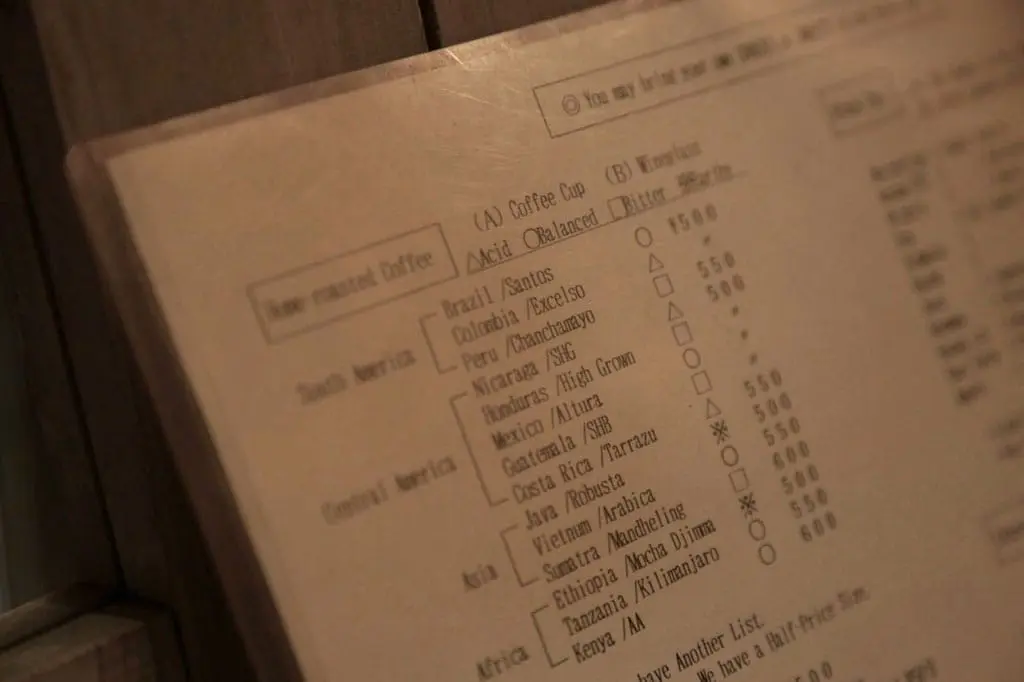 ワイン(wine)グラスで コーヒー(coffee)を 飲(の)みます。高円寺(こうえんじ)の 喫茶店(きっさてん) 「喫茶(きっさ)生活(せいかつ)」