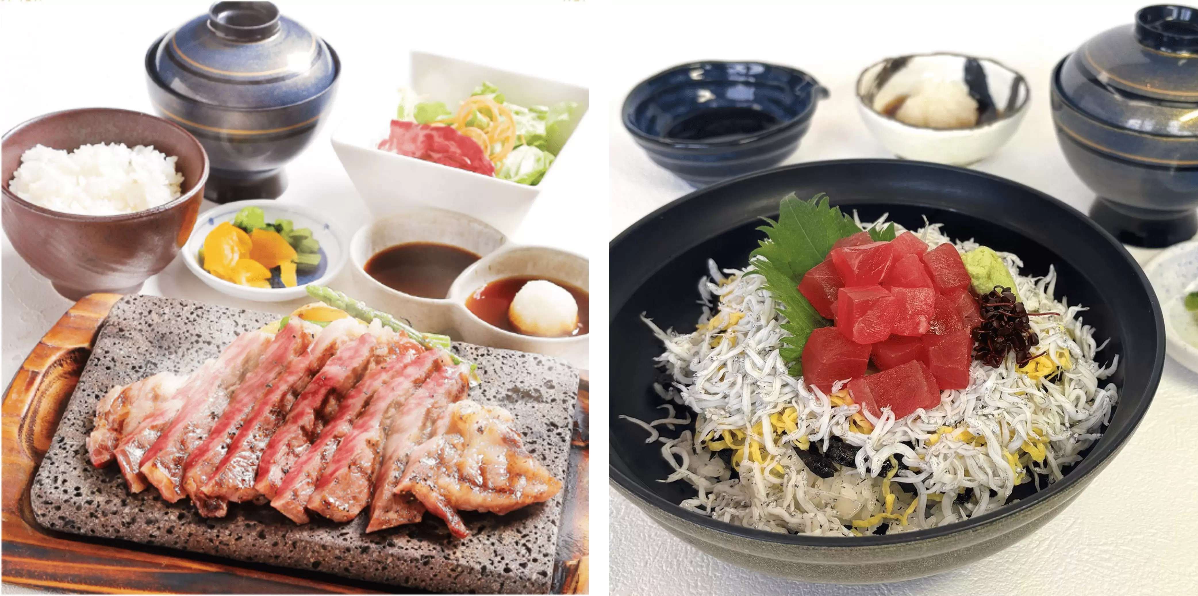 (Left) Beef steak | (Right) Whitebait bowl<br /> 