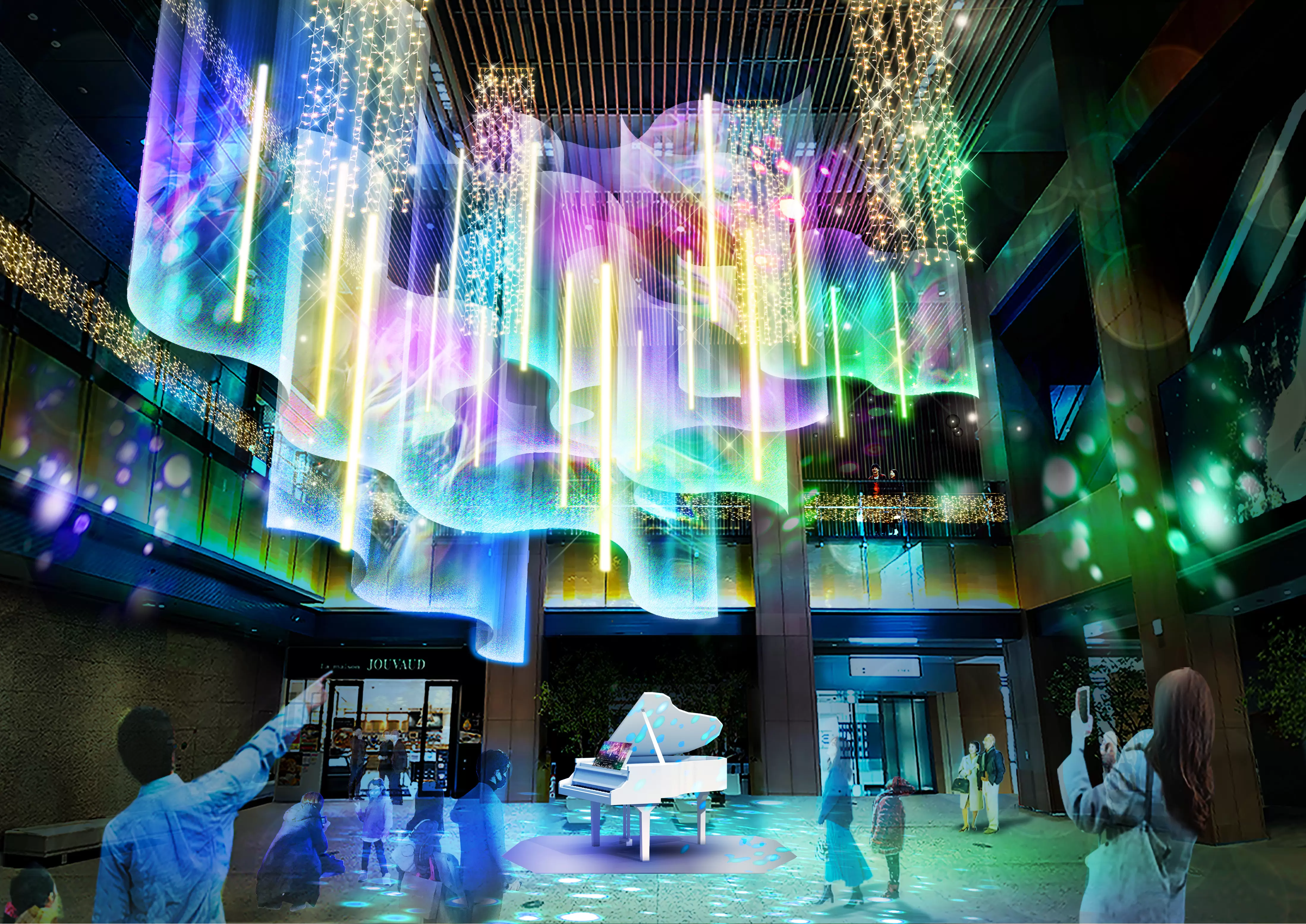 名古屋KITTE推出「音樂彩光」聖誕極光秀：手鈴操控顏色、AI即時呈現