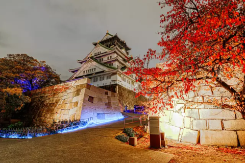 大阪城天守閣與秋季紅葉