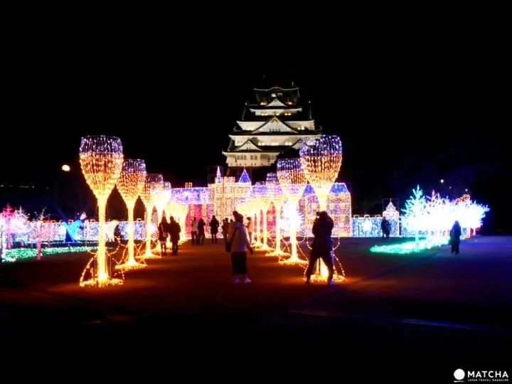 ชมแสงสีอันตระการตายามค่ำคืนของไฟประดับ ณ ปราสาทโอซาก้า