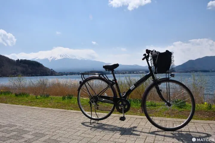 腳踏車與河口湖和富士山