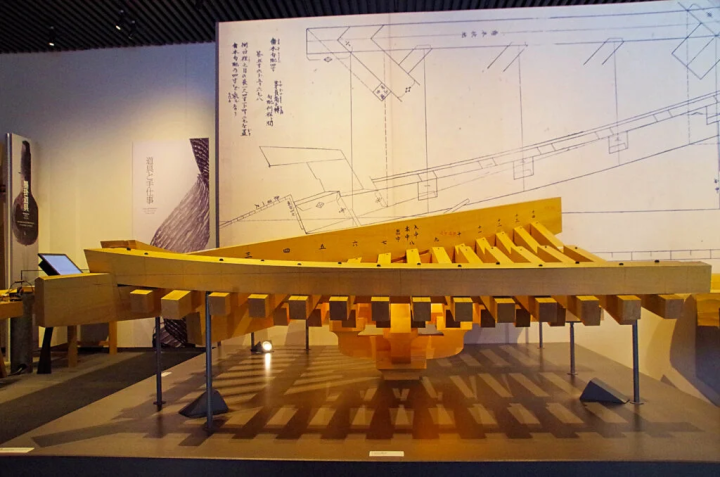 茅負（かやおい、写真手前で横になっている木）が反っているのがわかる。垂木（茅負の下にある複数本の木）は、湾曲に合わせて端にいくほど断面が平行四辺形になっている 