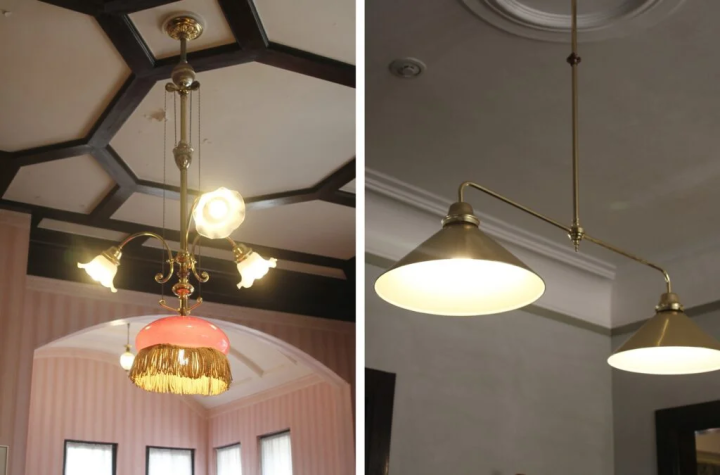 一楼客厅吊灯（左）与二楼台球桌照明（右）<br> 