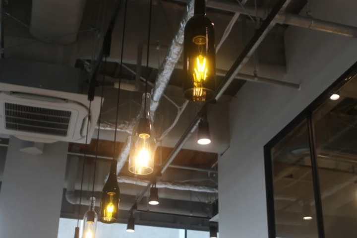 The interior lighting is made from wine bottles 