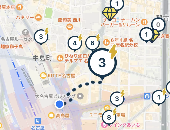 可以及时看到各个口岸的自行车数量。闪电标记表示电动助力自行车 *地图上显示了自行车停放处的位置以及到达那里的路线。 