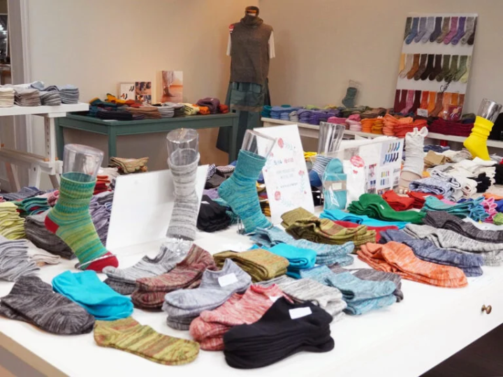 A store with many socks lined up