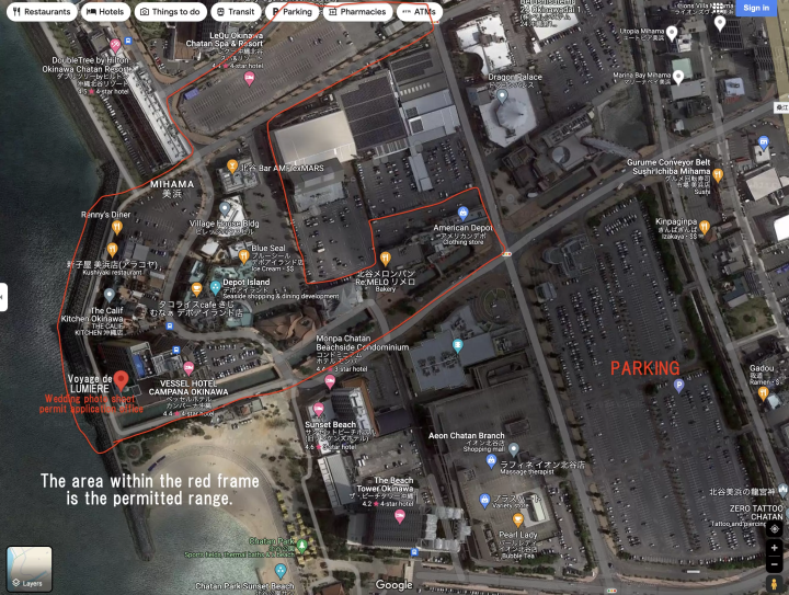 Regarding application for permission to take wedding photos in American Village (Depot Island)