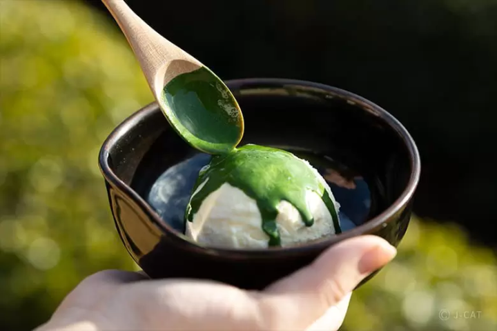 matcha sauce on vanilla ice cream