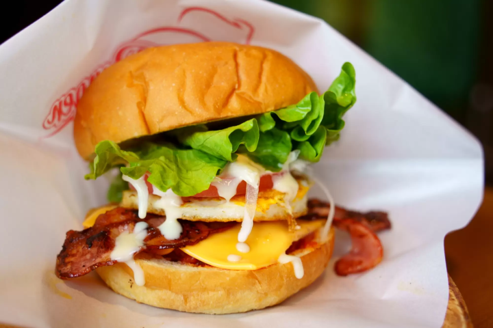 hamburger with buns, cheese, bacon, lettuce, and mayo