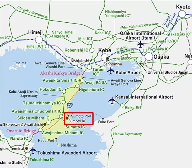 ▲Sumoto city is located on the east-side ศูนย์กลาง part of Awaji Island.<br>
