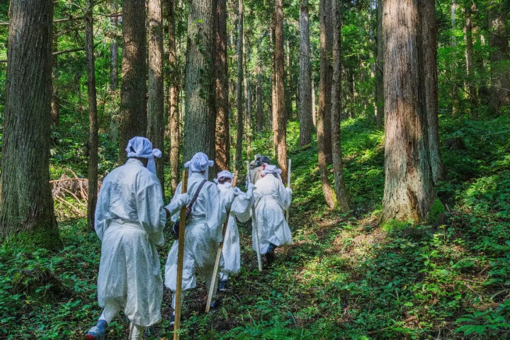 金剛杖を持ちながら山を登る。修験の道は歩きやすいように整備されている 