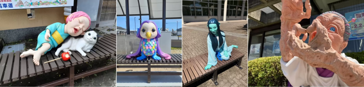 Zashiki-warashi, Amabie, Yuki-onna, and Sunakakebaba yokai benches 