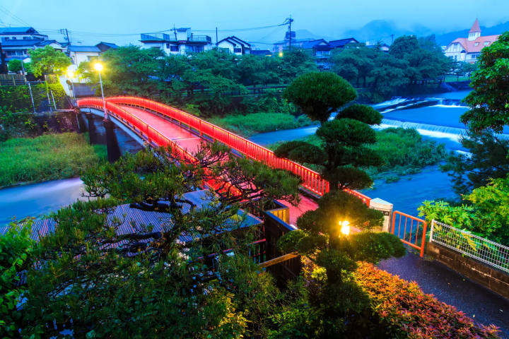 illuminated bridge at night