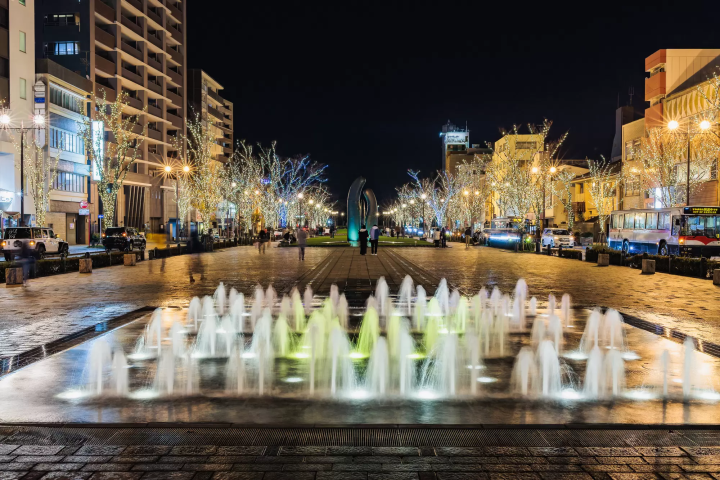 water fountain and christmas lights in trees