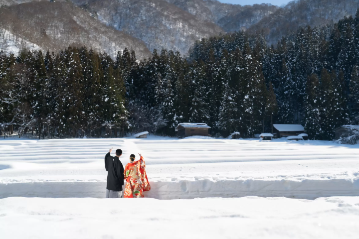 我们冬天在白川乡拍了婚纱照，得到了非常好的评价！