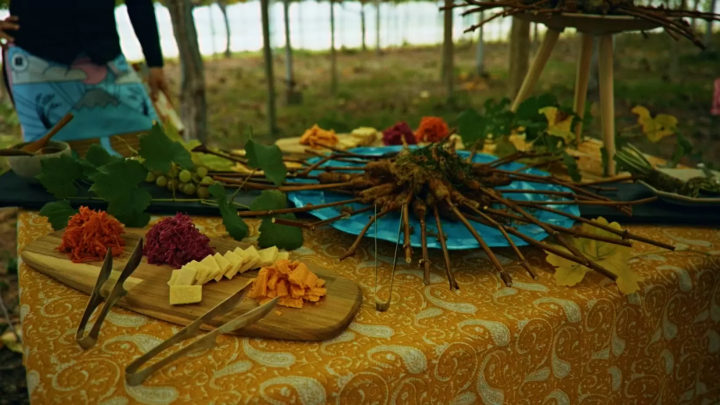 We had game skewers made from a paste made from deer, wild boar, and badger meat wrapped around grape branches, and vegetable skewers similarly grilled with a paste based on yam and lotus root, served with wasabi and wild boar salsa sauce. 