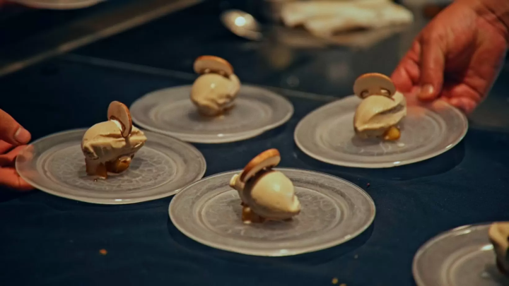 The final dessert was mushroom ice cream with sliced mushrooms, paired with Gaia Flow whiskey. 