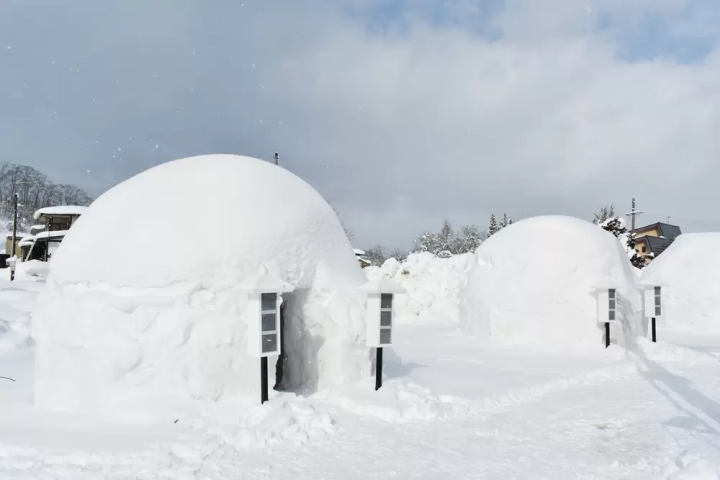 小野川温泉街のメインストリート沿いに冬の期間だけオープンする「かまくら村」 