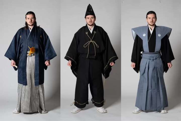 Photo description: From left: crested Haori hakama, hitatare, crested motsuki kamishimo 
