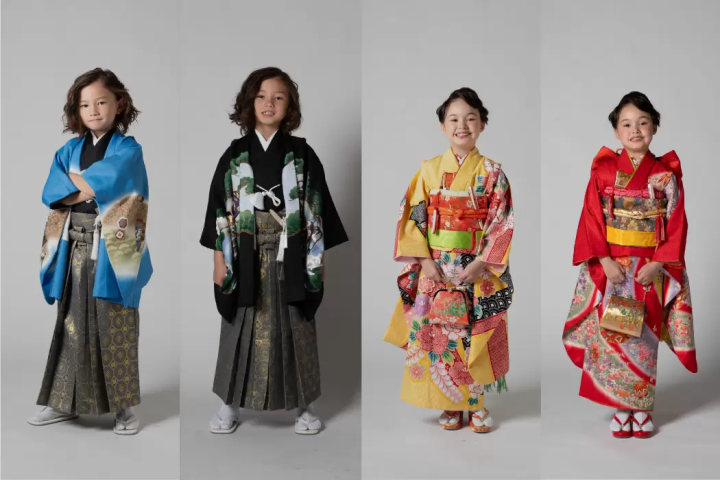 Children's Shichigosan Costumes: Great Samurai Helmet & Magic Mallet, Hawk and Pine Play, Yellow Kanako and Tsujigahana, Akane no Flower Path 