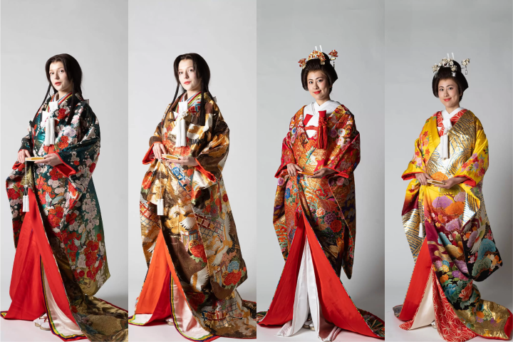 OOKUPLAN: From left, Suiran and the Ganju birds, Golden Pine Tree and Shippo Pattern, Golden Seasonal Flowers, Flowing Water and the Dance of Birds 