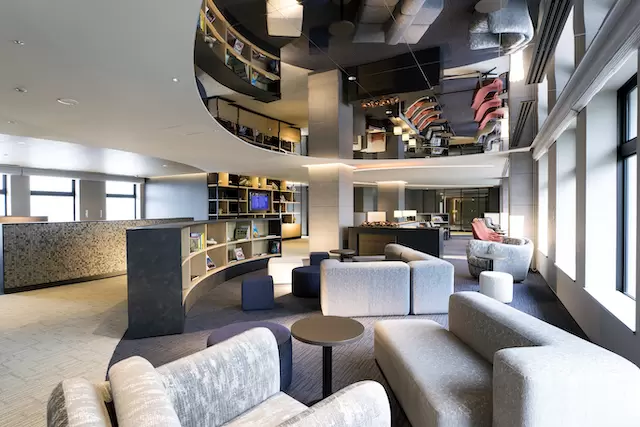 The unique hotel lounge is spacious.<br>
