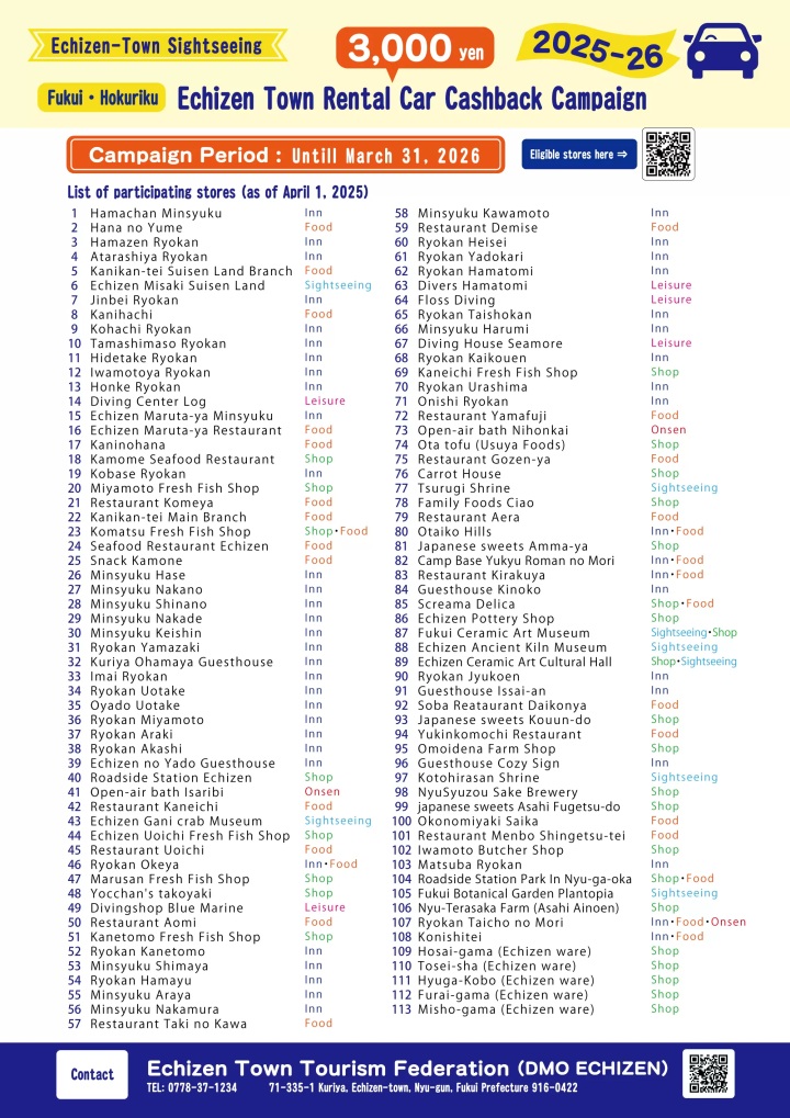 【2025年版】推出租車返現優惠，以優惠價格暢遊福井縣和越前町！