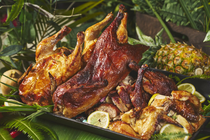 Whole roast chicken and smoked duck 