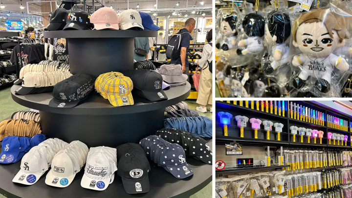 (Left) Various caps (Top right) Mini plush toys of players 2,800 yen each (Bottom right) Various penlights