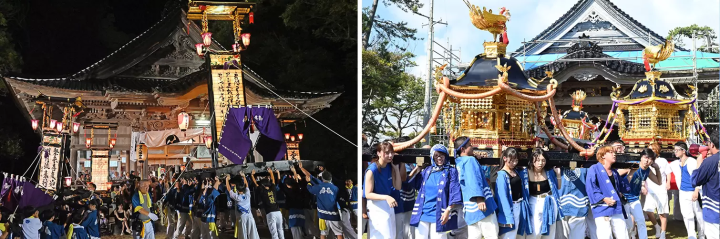 Left: Kiriko, a giant lantern seen at traditional festivals in the Noto region. Right: Mikoshi, a portable shrine, the vehicle on which the gods ride during festivals.