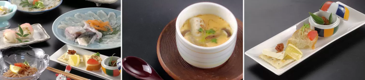 The course menu also includes dishes made with Fukujyu, such as appetizers, pasta, and chawan-mushi.