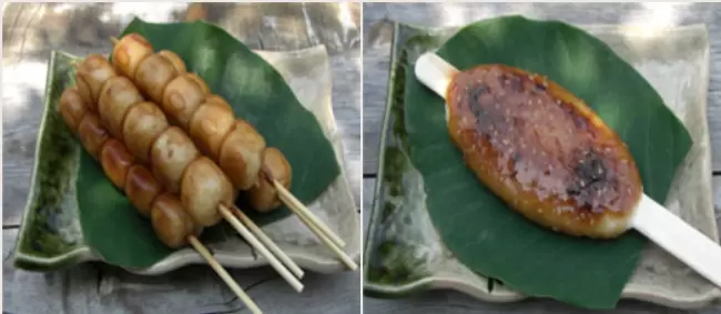 (Left) Mitarashi dango, (Right) Gohei mochi *Images provided by Gero-Onsen Gassho-mura 