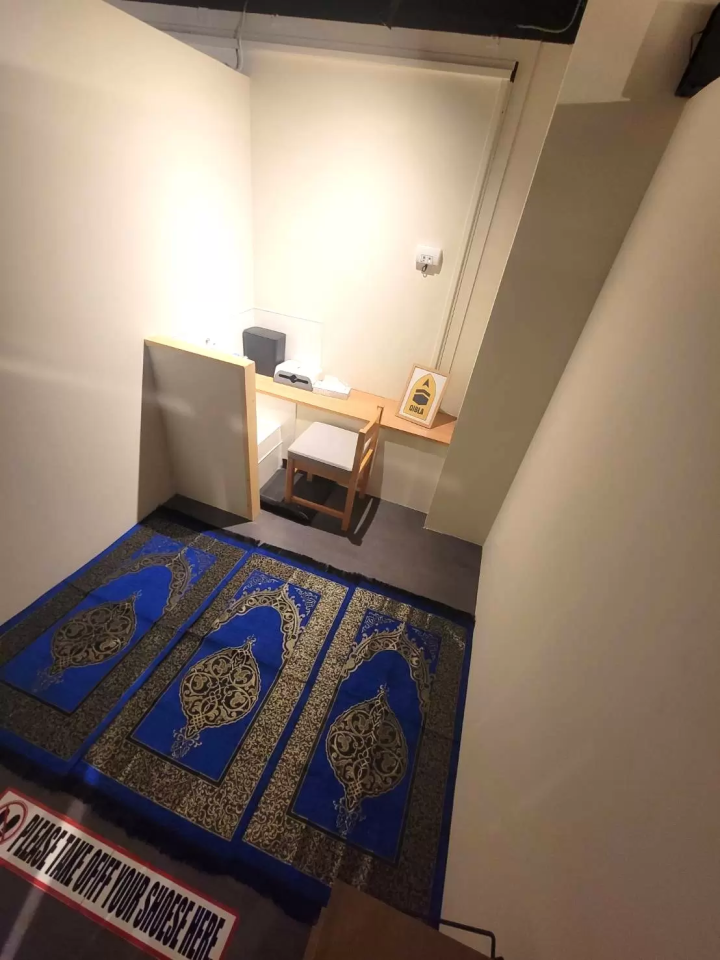A spacious and clean prayer room. Some stores also have a foot washing area for wudu.