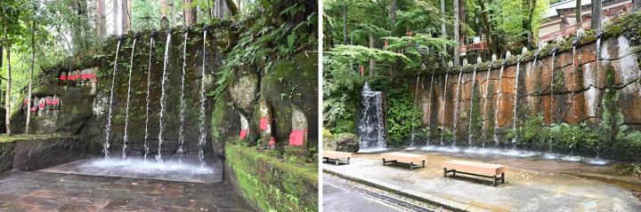 Left: Only those who have applied for the waterfall training experience can enter Roppon Falls. Right: The Twelve Branches Waterfall, located below Roppon Falls, is open to the public. 