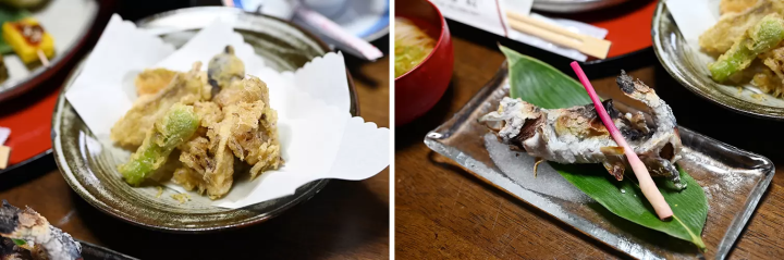 The hot, freshly fried tempura and fragrant, freshly grilled trout are delicious! 