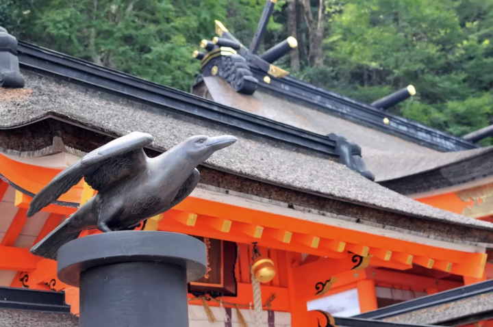 The Yatagarasu is said to have guided the way from Kumano to Yamato during Emperor Jimmu's expedition to the east. It is enshrined at Miagatahikosha Shrine within the grounds of Kumano Taisha Shrine, and is revered as a god of road safety and guidance. © Wakayama Prefecture Tourism Federation<br>
