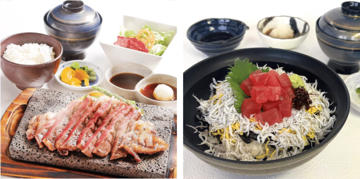 (左)牛ステーキ|(右)しらす丼<br>
