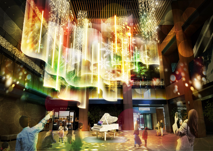 名古屋KITTE推出「音樂彩光」聖誕極光秀:手鈴操控顏色、AI即時呈現