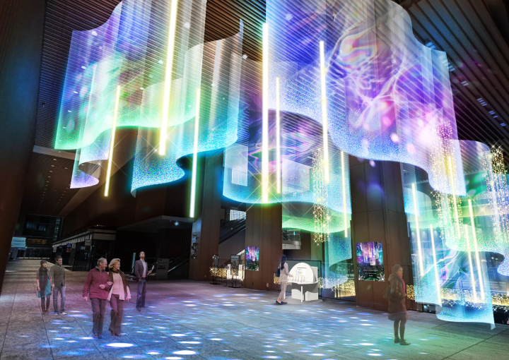 名古屋KITTE推出「音樂彩光」聖誕極光秀:手鈴操控顏色、AI即時呈現