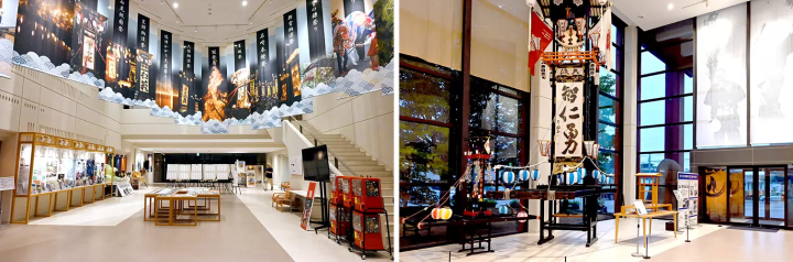 At the entrance, there are a row of banners introducing Nanao City's festivals throughout the year, and kiriko (hotsukan) lanterns are also on display. 