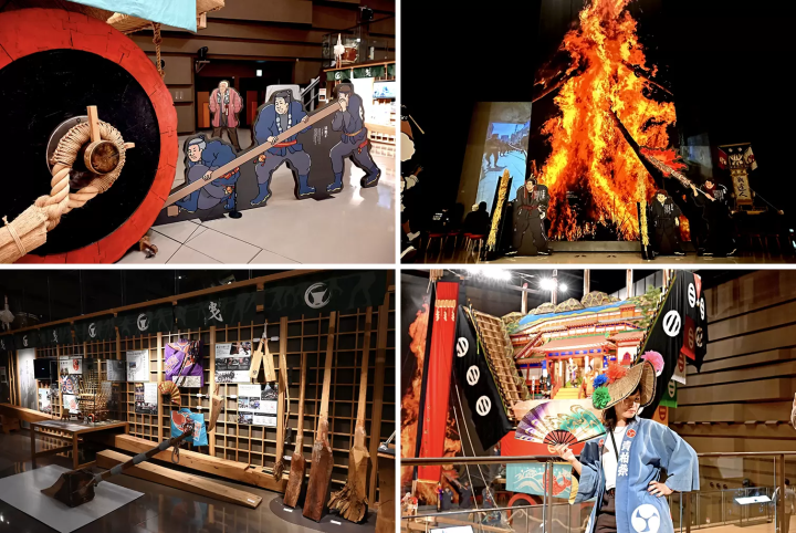 Lanterns, flags, and tools that were actually used in the festival are on display, and life-size panels of people recreate the movements, creating a truly impressive sight. 