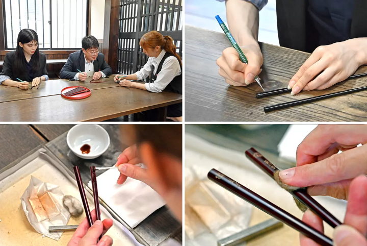 After listening to the lecture, you can choose your favorite color of chopsticks and carve a pattern into them with a metal pen. Because real lacquer is used, the workshop staff will be in charge of applying the lacquer and gold powder. 