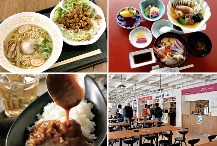 Dishes from Kohkaen (top left), Noto Satoyama Shokudo Zen (bottom left), and Madarakan Restaurant (top right). 