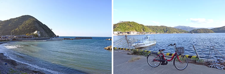 The image on the left shows Wakasa Bay, while the image on the right shows Lake Hyuga (Hirugako). Directly connected to the bay, Lake Hyuga has the highest salt concentration among the Mikata Five Lakes, and its shores are lined with guesthouses and fishermen's houses, creating the atmosphere of a traditional fishing village. 