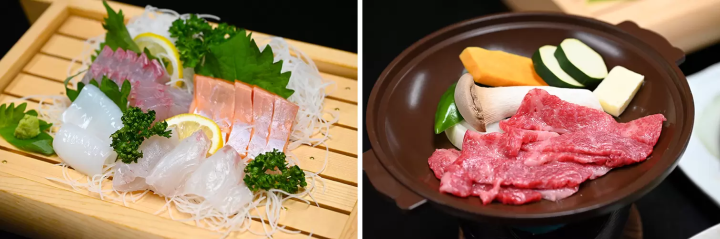 Enjoy a dinner packed with seafood. In addition to the Toyotomi fish species caught in the nearby waters, the Fukui brand Fukui Salmon farmed in Wakasa Bay is delicious with its elegant, melt-in-your-mouth fat. In addition to the basic course, meal plans also include the option to add Wagyu beef, and vegetarian options are available with prior consultation. 