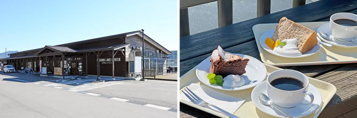 There is also a cafe on the premises where you can enjoy coffee, sweets, curry, katsudon and other meals on the terrace while looking out at Lake Kugushi. It is also recommended as a starting and ending point for cycling trips or as a stopover. 