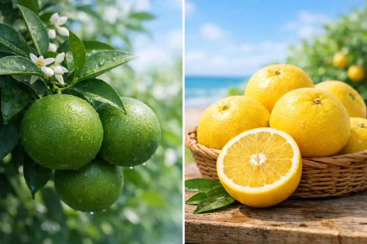 Unripe, green Kawachi Bankan oranges and ripe, yellow Kawachi Bankan oranges. 