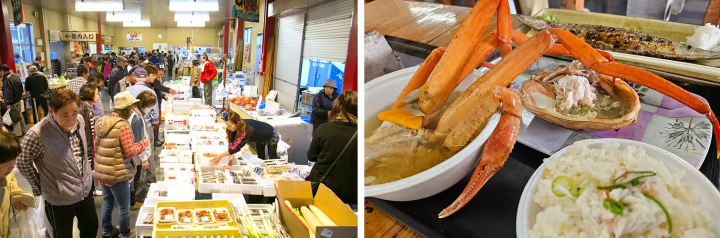 The Uozu Morning Market is held on the fourth Sunday of every month. The breakfast of red snow crab is extremely popular! 