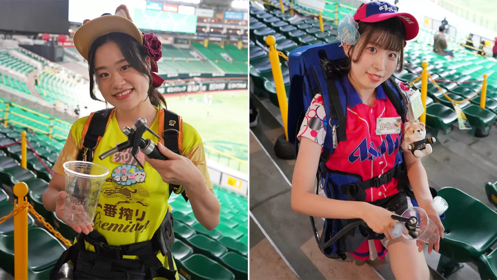 미즈호PayPay돔 후쿠오카에서 판매원으로 일하는 「오노카린」씨（좌）와 「카린」씨（우） 